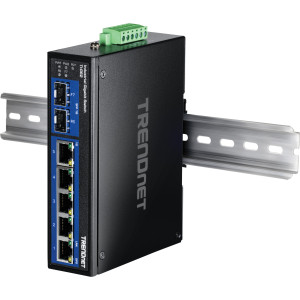 TRENDnet TI-G62 7-Port Ethernet Switch, 5 Gigabit ethernet and 2 Gigabit SFP ports, 14 Gbps switching capacity, DIN-rail/wall mount